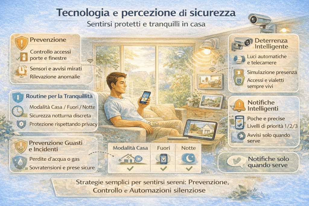 Infografica sulla tecnologia domestica e percezione di sicurezza: casa moderna con sensori, illuminazione intelligente, controllo accessi e monitoraggio degli ambienti che aumentano tranquillità e benessere psicologico abitativo.