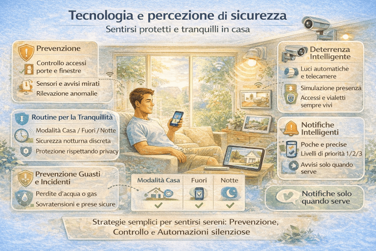 Infografica sulla tecnologia domestica e percezione di sicurezza: casa moderna con sensori, illuminazione intelligente, controllo accessi e monitoraggio degli ambienti che aumentano tranquillità e benessere psicologico abitativo.