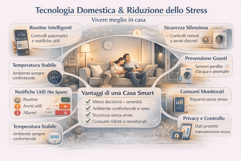 Infografica sulla tecnologia domestica per la riduzione dello stress: una casa intelligente che automatizza luci, clima, sicurezza e routine quotidiane per migliorare il benessere, il comfort abitativo e la qualità della vita in casa.