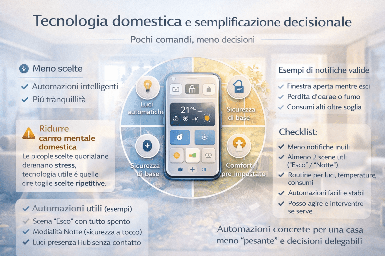 Infografica sulla tecnologia domestica e semplificazione decisionale che mostra come automazioni intelligenti, routine preimpostate, luci automatiche, sicurezza di base e notifiche utili riducono il carico mentale e migliorano il benessere nella gestione quotidiana della casa.