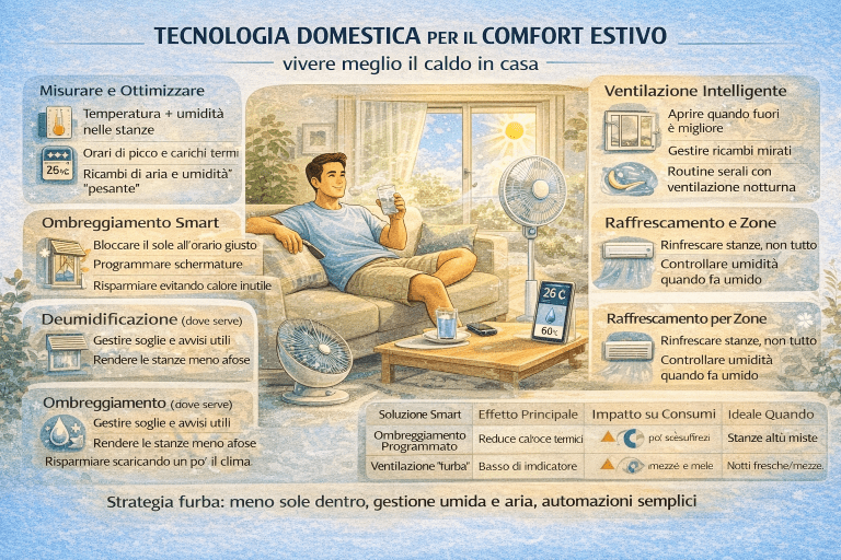 Infografica in stile premium sul comfort estivo domestico, con ambienti interni luminosi e colori chiari. Mostra una casa moderna in estate con schermature solari, ventilazione naturale, gestione intelligente della temperatura, controllo dell’illuminazione e organizzazione degli spazi per migliorare il benessere abitativo durante il caldo.