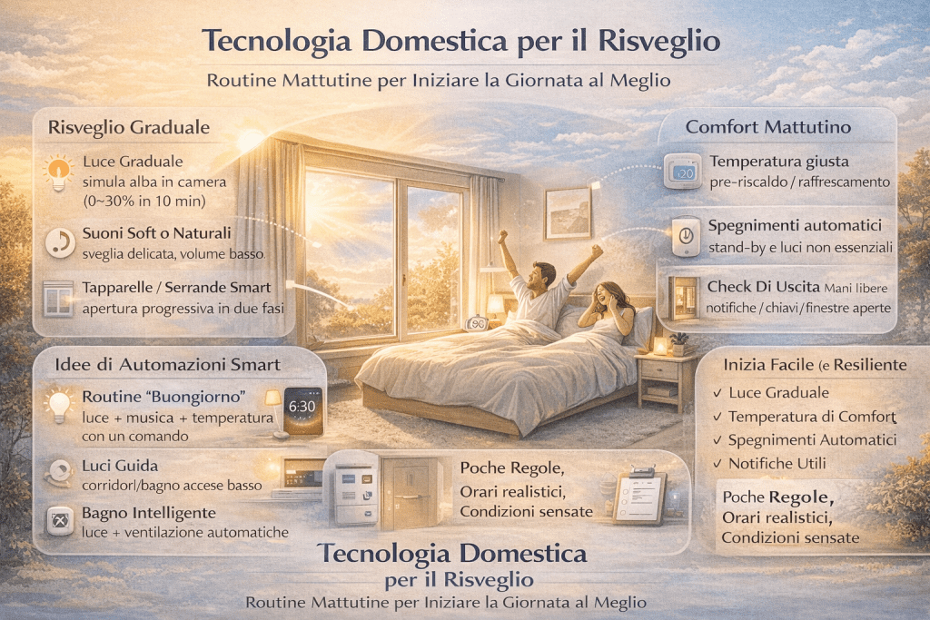 Infografica sulla tecnologia domestica per il risveglio che mostra una routine mattutina intelligente con illuminazione graduale, temperatura confortevole, automazioni domestiche e gestione degli ambienti per iniziare la giornata in modo naturale e organizzato.