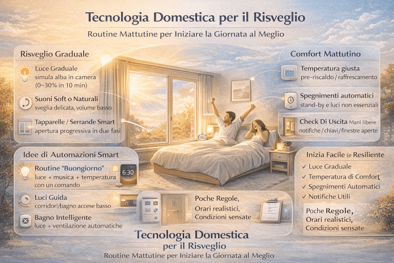Infografica sulla tecnologia domestica per il risveglio che mostra una routine mattutina intelligente con illuminazione graduale, temperatura confortevole, automazioni domestiche e gestione degli ambienti per iniziare la giornata in modo naturale e organizzato.