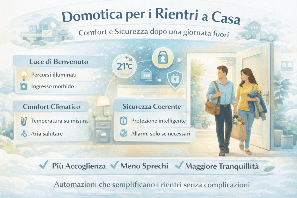 Infografica in stile premium sulla tecnologia domestica per la gestione dei rientri a casa, con illustrazioni di una casa intelligente che attiva automaticamente illuminazione, comfort, sicurezza e climatizzazione al rientro delle persone, evidenziando automazioni, accoglienza e controllo domestico.