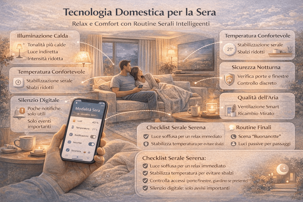 “Infografica in italiano ‘Tecnologia Domestica per la Sera’: scena serale in salotto con coppia rilassata e smartphone che attiva ‘Modalità Sera’. Intorno, riquadri con consigli su illuminazione calda, temperatura confortevole, silenzio digitale, sicurezza notturna, qualità dell’aria e checklist/routine finali per relax e comfort in casa.”