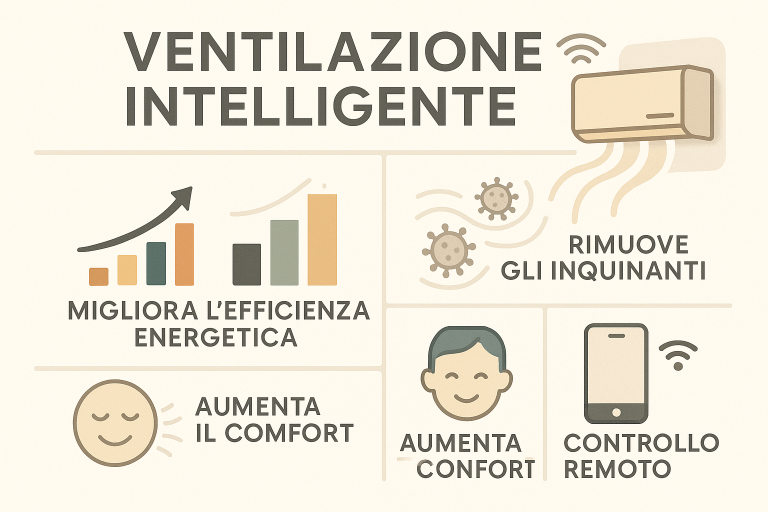 Infografica in stile premium dai colori chiari intitolata ‘VENTILAZIONE INTELLIGENTE’. Mostra quattro riquadri con icone: grafico a barre per ‘Migliora l’efficienza energetica’, particelle con flussi d’aria per ‘Rimuove gli inquinanti’, volto sorridente per ‘Aumenta il comfort’ e smartphone per ‘Controllo remoto’. In alto a destra è illustrata un’unità di ventilazione a parete con simbolo Wi-Fi e flussi d’aria.