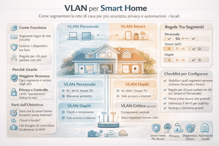 Infografica sulle VLAN per smart home che mostra la segmentazione della rete domestica in VLAN personale, VLAN smart, VLAN ospiti e VLAN critica, con regole di comunicazione, vantaggi in termini di sicurezza e privacy e checklist di configurazione.