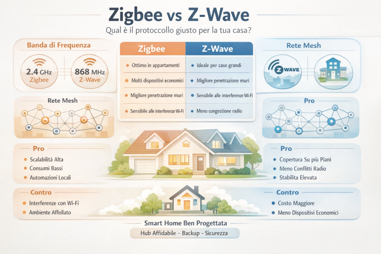 Infografica comparativa Zigbee vs Z-Wave per smart home che mostra differenze di frequenza (2,4 GHz e 868 MHz), rete mesh, pro e contro, copertura della casa e criteri di scelta del protocollo.