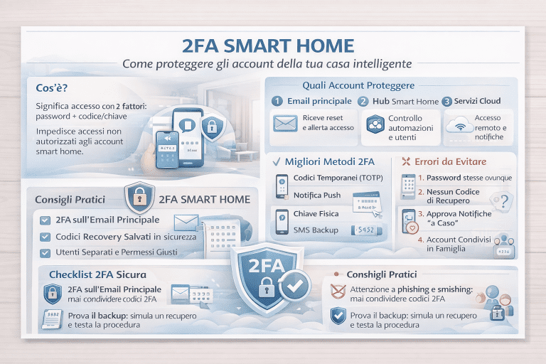 Infografica sulla sicurezza della smart home che spiega come proteggere gli account con la 2FA: cos’è l’autenticazione a due fattori, quali account proteggere per primi, metodi 2FA più sicuri, errori da evitare, checklist pratica e consigli contro phishing e smishing.