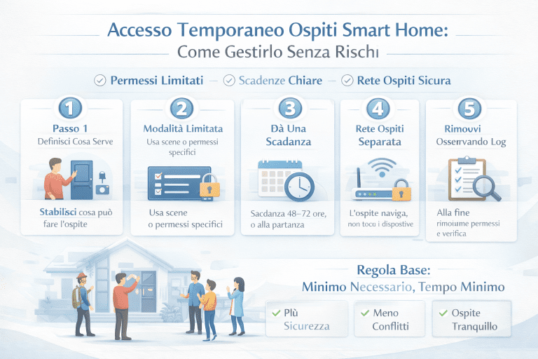 Infografica premium sull’accesso temporaneo ospiti smart home che spiega come gestirlo senza rischi, mostrando i cinque passaggi chiave: definire cosa serve all’ospite, usare permessi limitati o scene dedicate, impostare una scadenza chiara, utilizzare una rete ospiti separata e rimuovere l’accesso controllando i log, con design chiaro e icone intuitive.