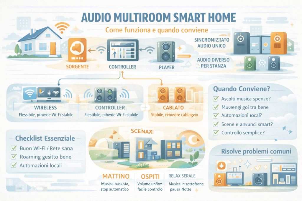 Infografica premium sull’audio multiroom nella smart home che spiega come funziona e quando conviene: schema sorgente–controller–player, riproduzione sincronizzata o audio diverso per stanza, confronto tra multiroom wireless e cablato, requisiti di rete come Wi-Fi stabile e roaming corretto, checklist essenziale, scenari d’uso (mattino, ospiti, relax serale) e soluzioni ai problemi comuni come ritardi, interruzioni e volume incoerente.