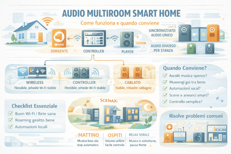 Infografica premium sull’audio multiroom nella smart home che spiega come funziona e quando conviene: schema sorgente–controller–player, riproduzione sincronizzata o audio diverso per stanza, confronto tra multiroom wireless e cablato, requisiti di rete come Wi-Fi stabile e roaming corretto, checklist essenziale, scenari d’uso (mattino, ospiti, relax serale) e soluzioni ai problemi comuni come ritardi, interruzioni e volume incoerente.
