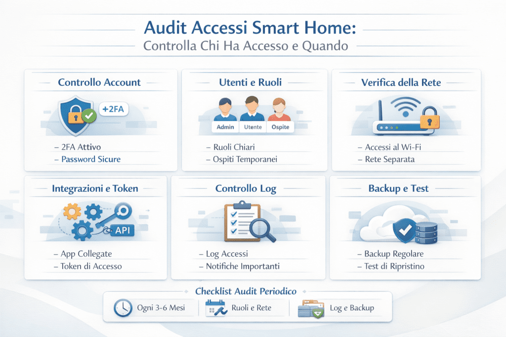 Infografica premium sull’audit degli accessi smart home che mostra come controllare chi ha accesso e quando, con sezioni su account e 2FA, utenti e ruoli, verifica della rete, integrazioni e token, controllo dei log e backup con test di ripristino, organizzate in modo chiaro su sfondo chiaro con icone intuitive.