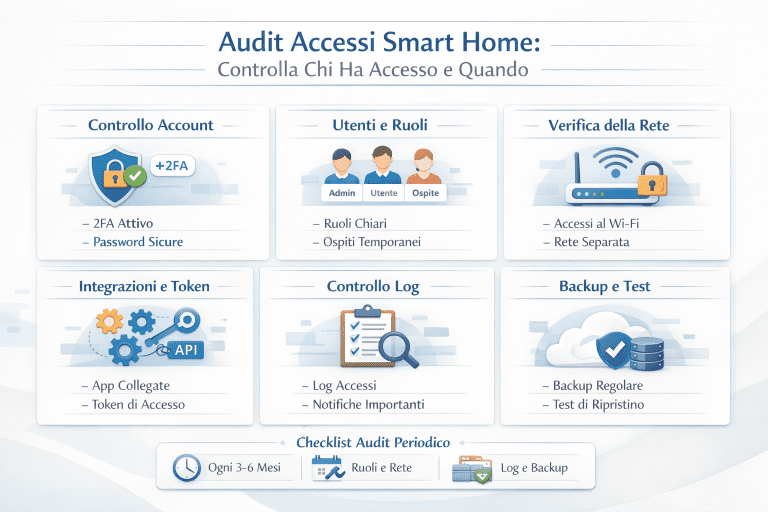 Infografica premium sull’audit degli accessi smart home che mostra come controllare chi ha accesso e quando, con sezioni su account e 2FA, utenti e ruoli, verifica della rete, integrazioni e token, controllo dei log e backup con test di ripristino, organizzate in modo chiaro su sfondo chiaro con icone intuitive.