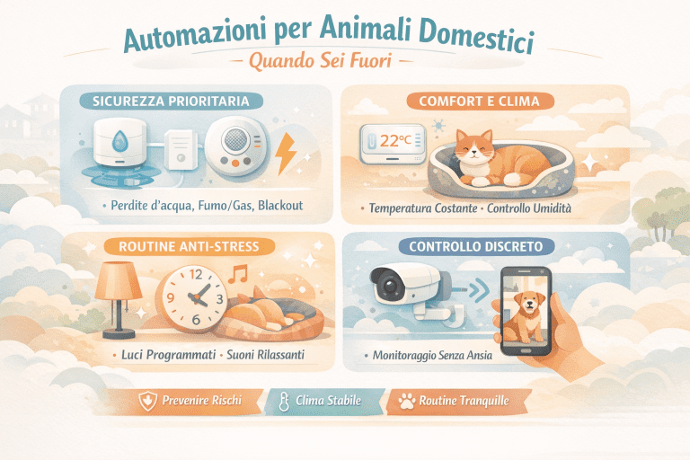 Infografica sulle automazioni per animali domestici quando sei fuori casa: sicurezza contro perdite d’acqua, fumo e blackout, controllo del clima, routine anti-stress con luci e suoni e monitoraggio discreto per il benessere degli animali.