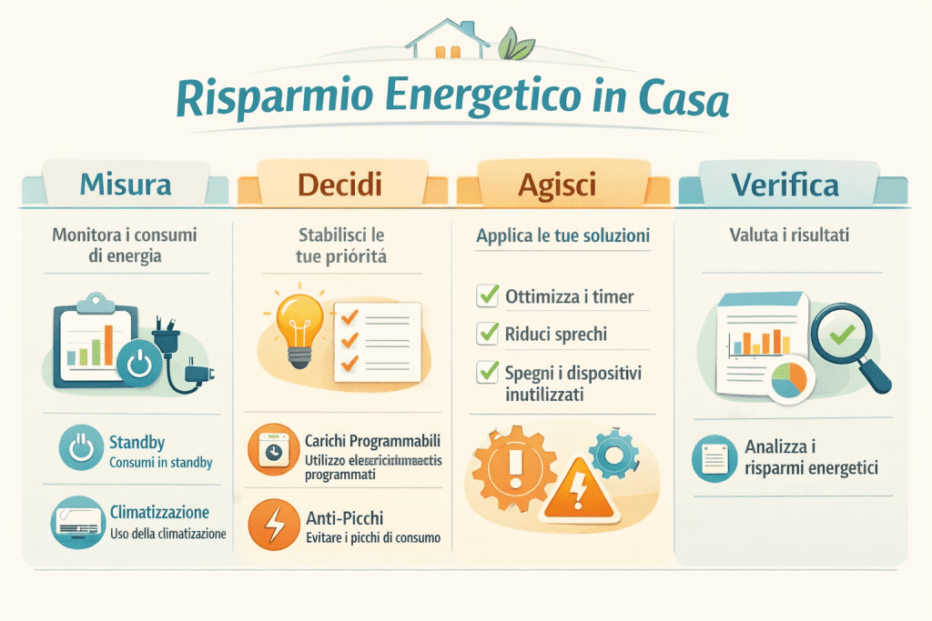 Infografica in stile premium dai colori chiari intitolata “Risparmio Energetico in Casa”, divisa in quattro colonne: “Misura”, “Decidi”, “Agisci” e “Verifica”, con icone e punti chiave su monitoraggio consumi, priorità, riduzione sprechi, carichi programmabili, anti-picchi e analisi dei risultati.