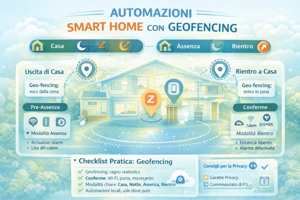 Infografica premium sulle automazioni smart home con geofencing, che mostra le modalità Casa, Notte, Assenza e Rientro, l’uscita e il rientro da casa tramite geolocalizzazione, le conferme di presenza (Wi-Fi, porta, movimento) e una checklist pratica per creare automazioni stabili, sicure e rispettose della privacy, con colori chiari e stile moderno.