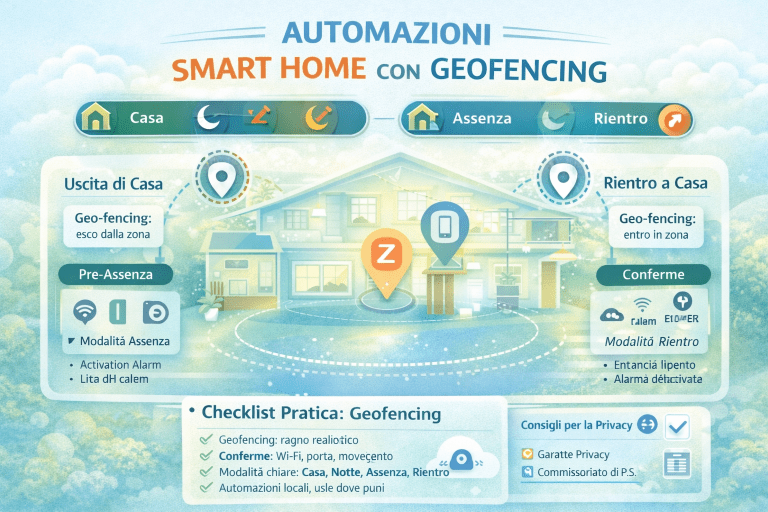 Infografica premium sulle automazioni smart home con geofencing, che mostra le modalità Casa, Notte, Assenza e Rientro, l’uscita e il rientro da casa tramite geolocalizzazione, le conferme di presenza (Wi-Fi, porta, movimento) e una checklist pratica per creare automazioni stabili, sicure e rispettose della privacy, con colori chiari e stile moderno.