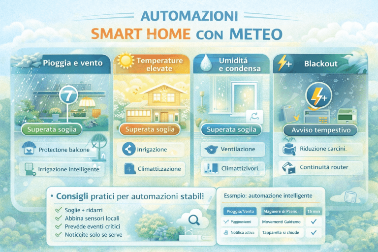 Infografica premium sulle automazioni smart home con meteo che mostra come pioggia, vento, temperature elevate, umidità e blackout possono attivare azioni automatiche per comfort, sicurezza e risparmio energetico, con soglie, ritardi e consigli pratici per creare automazioni stabili, in stile moderno con colori chiari.