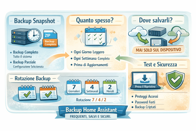 Infografica sul backup di Home Assistant con snapshot che mostra differenze tra backup completo e parziale, frequenza consigliata, dove conservarli in sicurezza, rotazione 7-4-2 e importanza del test di ripristino per proteggere la smart home.