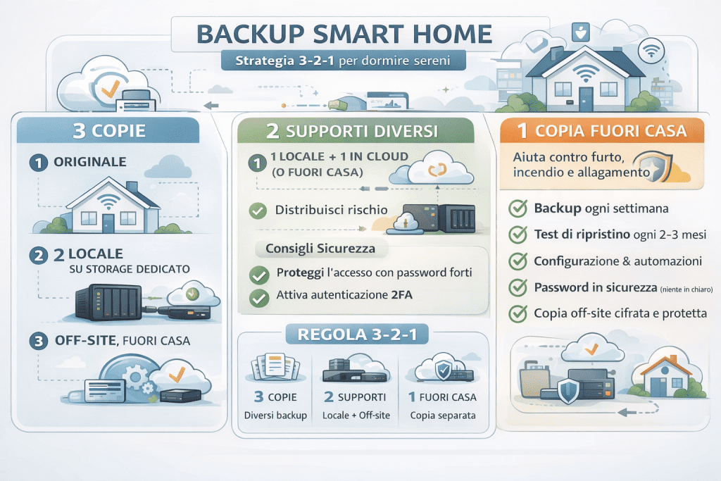 Infografica premium sulla strategia di backup smart home 3-2-1 che illustra tre copie dei dati, due supporti diversi e una copia off-site, con icone di casa intelligente, cloud, storage locale, sicurezza, test di ripristino e protezione degli accessi.