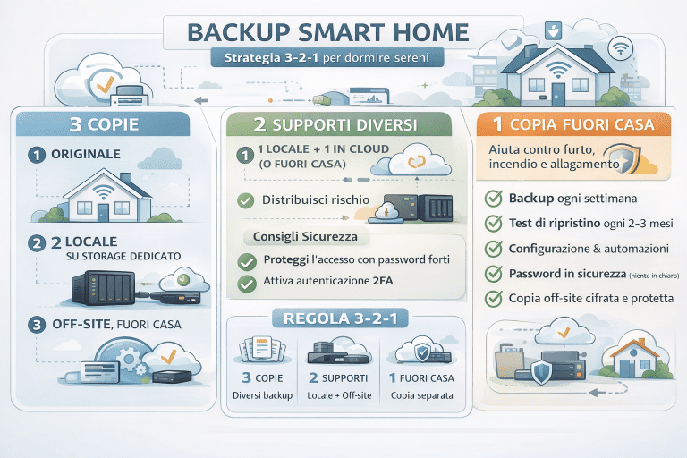 Infografica premium sulla strategia di backup smart home 3-2-1 che illustra tre copie dei dati, due supporti diversi e una copia off-site, con icone di casa intelligente, cloud, storage locale, sicurezza, test di ripristino e protezione degli accessi.