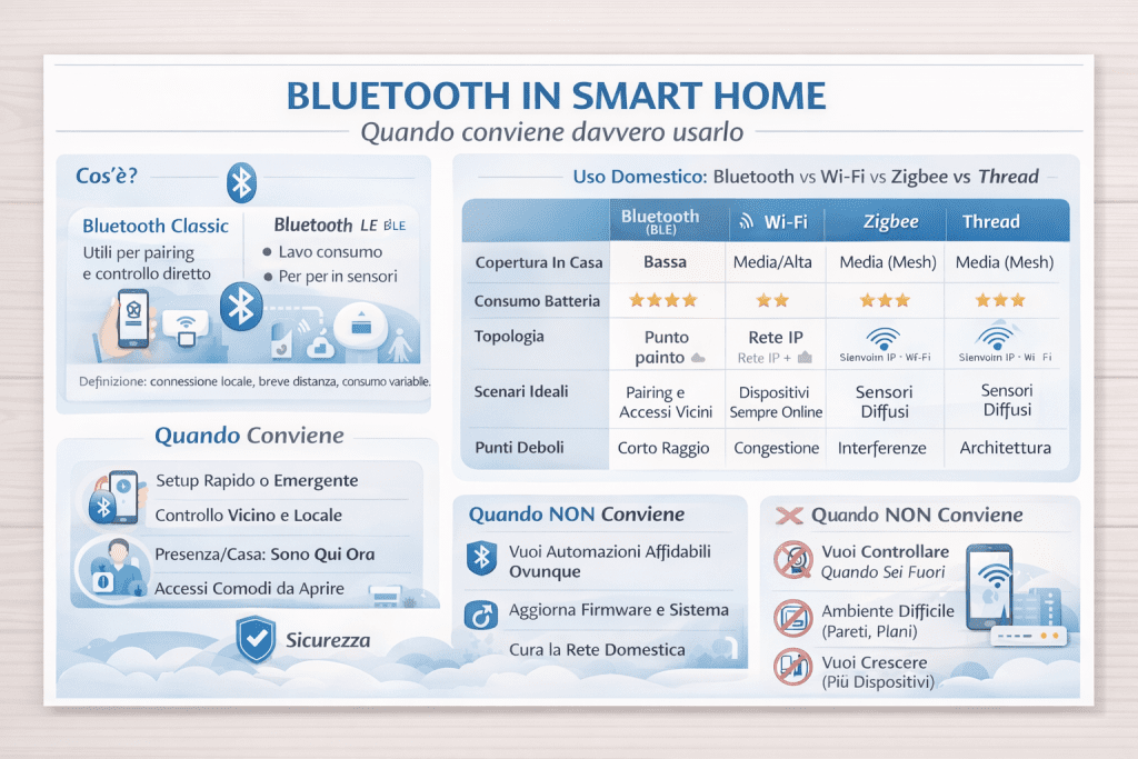 Infografica su Bluetooth in smart home che spiega quando conviene usarlo davvero: differenze tra Bluetooth Classic e BLE, casi d’uso ideali, quando evitarlo, confronto con Wi-Fi, Zigbee e Thread, e consigli pratici su sicurezza e stabilità della casa intelligente.
