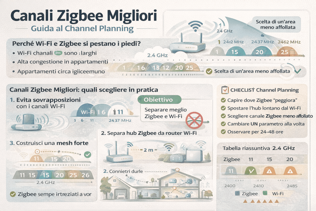 Infografica premium in italiano sui canali Zigbee migliori e sul channel planning: schema della banda 2.4 GHz con confronto tra canali Wi-Fi e canali Zigbee, indicazione delle zone di sovrapposizione, esempi di scelta del canale Zigbee in base al Wi-Fi di casa, suggerimenti per ridurre interferenze e checklist pratica per ottenere una rete Zigbee stabile e affidabile.