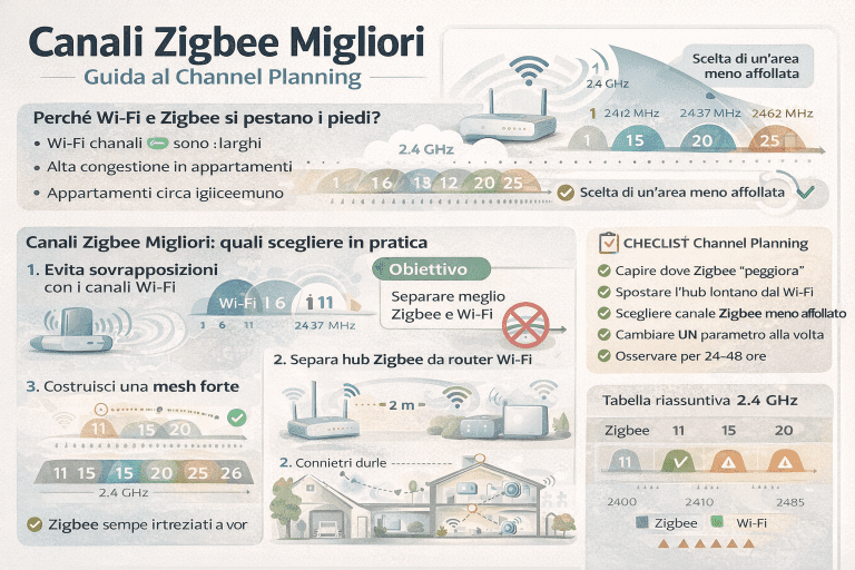 Infografica premium in italiano sui canali Zigbee migliori e sul channel planning: schema della banda 2.4 GHz con confronto tra canali Wi-Fi e canali Zigbee, indicazione delle zone di sovrapposizione, esempi di scelta del canale Zigbee in base al Wi-Fi di casa, suggerimenti per ridurre interferenze e checklist pratica per ottenere una rete Zigbee stabile e affidabile.