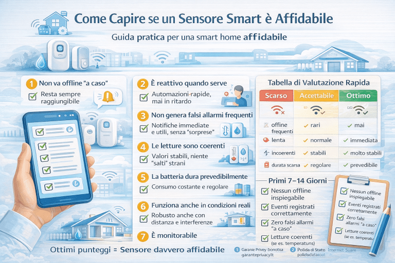 Infografica premium su come capire se un sensore smart è affidabile, con criteri chiave come stabilità della connessione, reattività agli eventi, assenza di falsi allarmi, coerenza delle letture, durata prevedibile della batteria, importanza della rete e checklist pratica per valutare l’affidabilità nel tempo.
