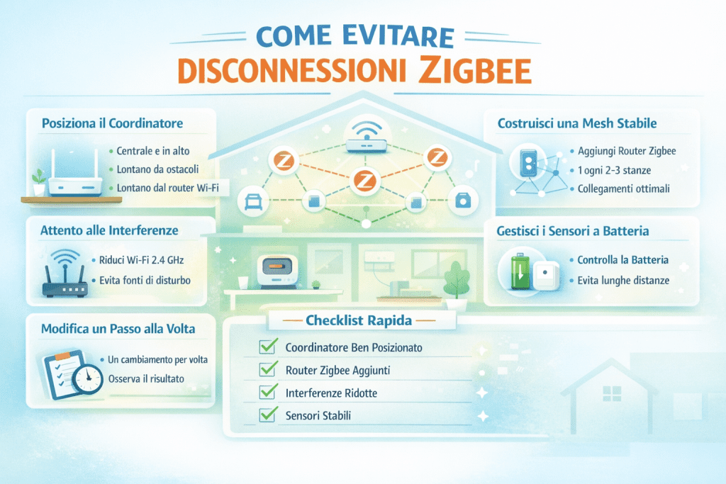 Infografica premium su come evitare disconnessioni Zigbee in una smart home, con schema di rete mesh, posizionamento del coordinatore, router Zigbee, riduzione interferenze 2,4 GHz e checklist di stabilità, colori chiari e stile moderno.