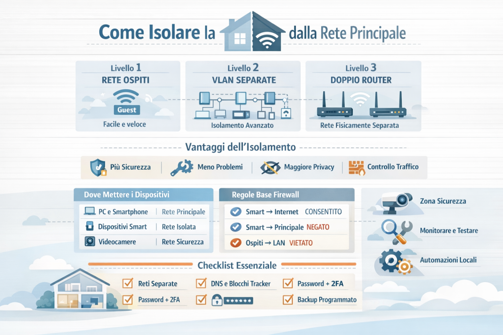 Infografica che mostra come isolare la smart home dalla rete principale: confronto tra rete ospiti, VLAN separate e doppio router, con vantaggi di sicurezza, regole firewall di base, posizionamento dei dispositivi smart e checklist per una rete domestica sicura.