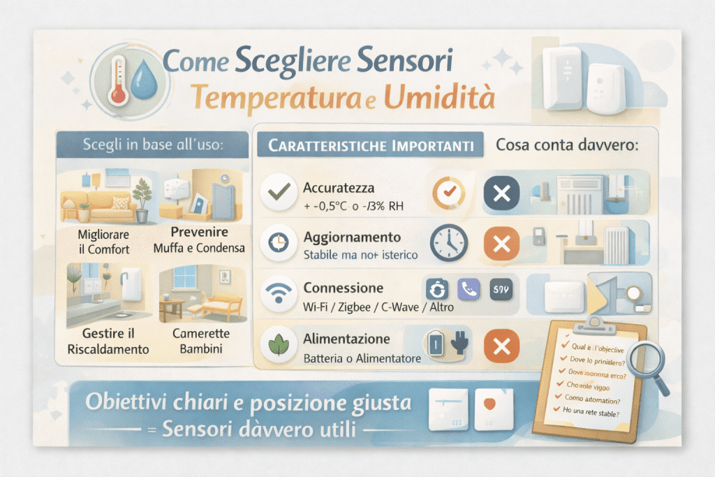 Infografica premium “Come scegliere sensori temperatura e umidità” che spiega come selezionare i sensori in base all’uso (comfort, prevenzione muffa e condensa, gestione del riscaldamento, cameretta bambini), quali caratteristiche contano davvero (accuratezza, frequenza di aggiornamento, tipo di connessione e alimentazione) e l’importanza di obiettivi chiari e corretto posizionamento per ottenere misurazioni affidabili.