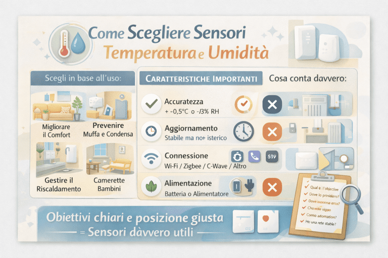 Infografica premium “Come scegliere sensori temperatura e umidità” che spiega come selezionare i sensori in base all’uso (comfort, prevenzione muffa e condensa, gestione del riscaldamento, cameretta bambini), quali caratteristiche contano davvero (accuratezza, frequenza di aggiornamento, tipo di connessione e alimentazione) e l’importanza di obiettivi chiari e corretto posizionamento per ottenere misurazioni affidabili.