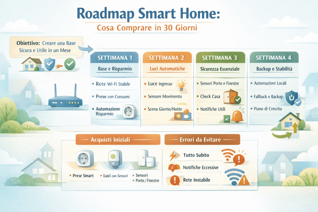 Infografica sulla roadmap smart home di 30 giorni che mostra cosa comprare prima per iniziare: settimana 1 rete Wi-Fi stabile e prese con misurazione consumi, settimana 2 luci automatiche e sensori di movimento, settimana 3 sensori porte e finestre con notifiche intelligenti, settimana 4 backup, fallback e piano di crescita ordinato della smart home.