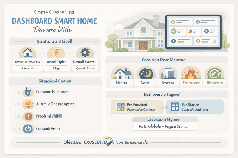 Infografica premium che spiega come creare una dashboard smart home davvero utile: struttura a 3 livelli, situazioni comuni, azioni rapide, energia, sicurezza e vista globale con pagine stanza, in stile chiaro e moderno.