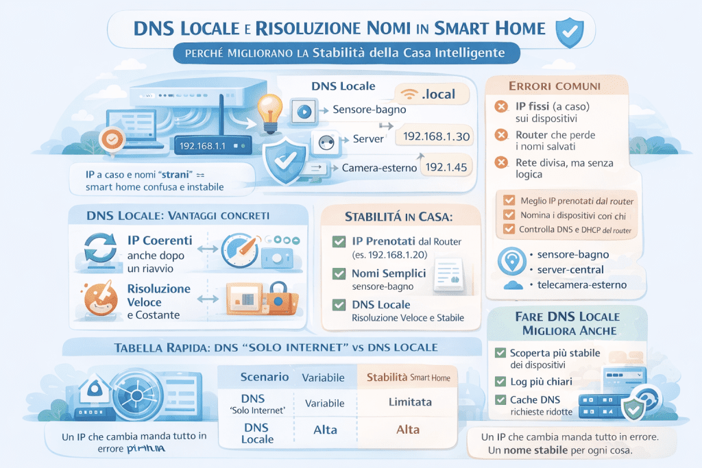 Infografica sul DNS locale e sulla risoluzione dei nomi nella smart home che mostra come IP coerenti, nomi chiari e DNS locale migliorano la stabilità della rete domestica, riducono errori e rendono automazioni e dispositivi più affidabili.