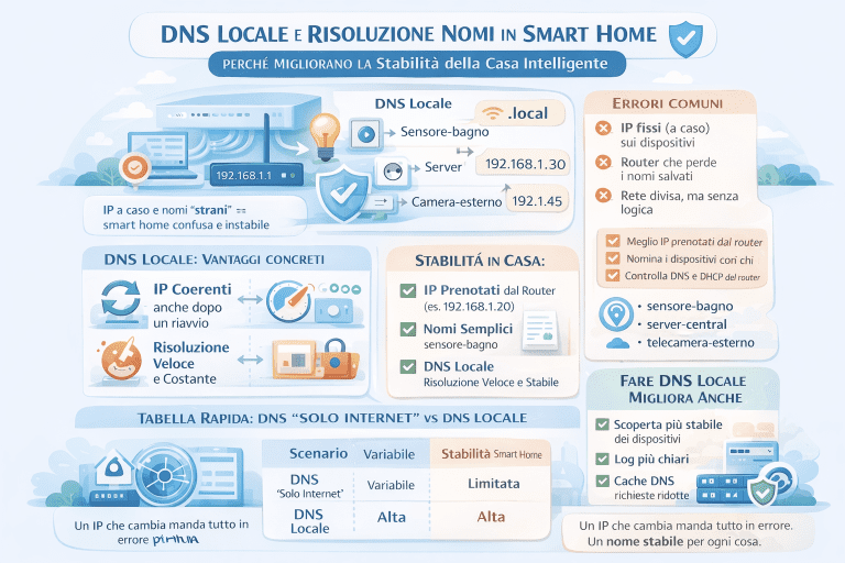 Infografica sul DNS locale e sulla risoluzione dei nomi nella smart home che mostra come IP coerenti, nomi chiari e DNS locale migliorano la stabilità della rete domestica, riducono errori e rendono automazioni e dispositivi più affidabili.