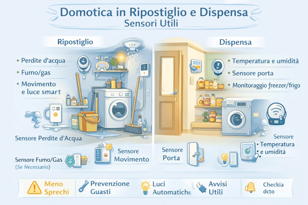 Infografica premium sulla domotica in ripostiglio e dispensa con sensori utili: rilevazione perdite d’acqua, fumo e movimento nel ripostiglio, controllo temperatura, umidità, porta e freezer in dispensa, per prevenire sprechi, danni e migliorare la gestione della casa.