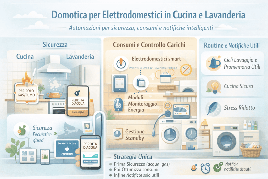 Infografica sulla domotica per elettrodomestici in cucina e lavanderia con focus su sicurezza acqua e gas, controllo dei consumi, gestione dei carichi, notifiche intelligenti e automazioni utili per la casa.
