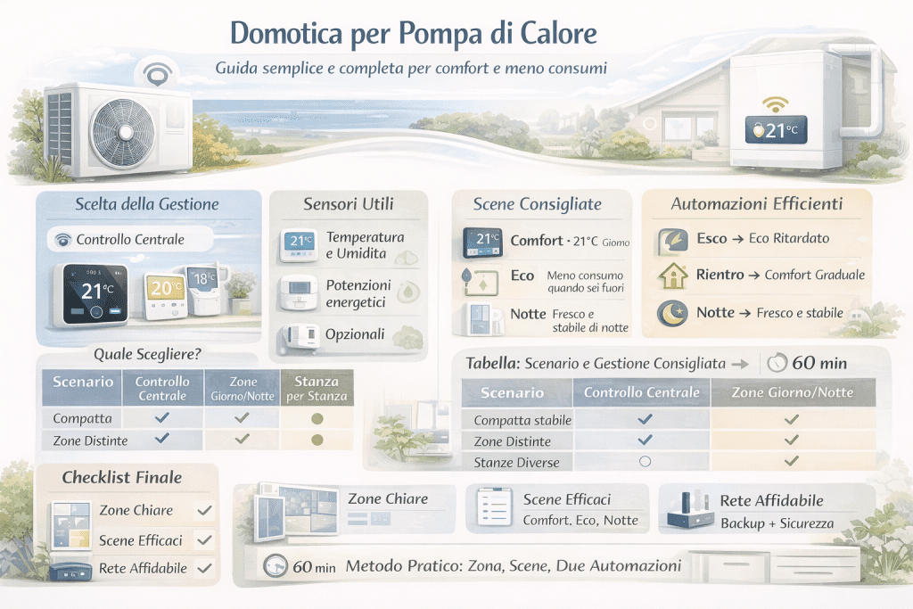 Infografica domotica per pompa di calore con gestione a zone, sensori di temperatura e umidità, scene comfort, eco e notte, automazioni efficienti e checklist per ridurre consumi e aumentare il comfort domestico.