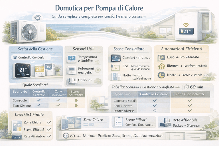 Infografica domotica per pompa di calore con gestione a zone, sensori di temperatura e umidità, scene comfort, eco e notte, automazioni efficienti e checklist per ridurre consumi e aumentare il comfort domestico.