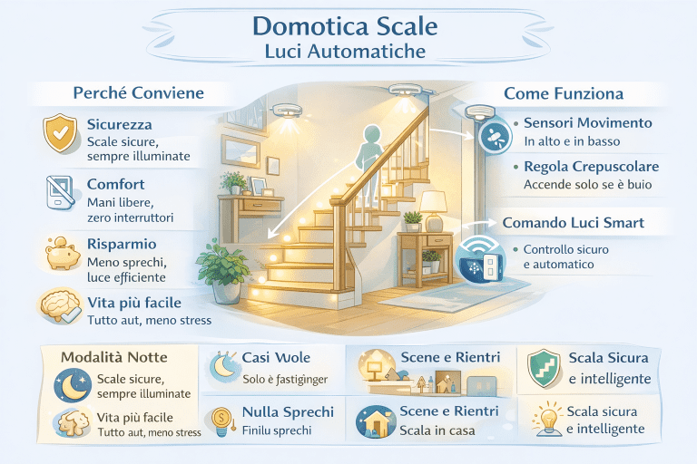 Infografica premium sulla domotica per scale e luci automatiche con illuminazione intelligente: sensori di movimento in alto e in basso, modalità notte, regola crepuscolare e luci segnapasso per rendere le scale più sicure, comode ed efficienti in casa.