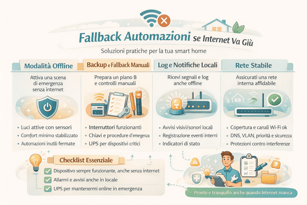 Infografica premium dai colori chiari intitolata “Fallback automazioni se Internet va giù”, che mostra come gestire una smart home senza connessione: modalità offline, backup e controlli manuali, log e notifiche locali, rete domestica stabile e checklist essenziale per mantenere sicurezza, luci e comfort anche senza internet.