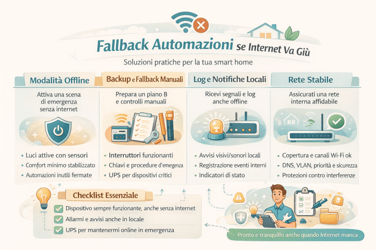 Infografica premium dai colori chiari intitolata “Fallback automazioni se Internet va giù”, che mostra come gestire una smart home senza connessione: modalità offline, backup e controlli manuali, log e notifiche locali, rete domestica stabile e checklist essenziale per mantenere sicurezza, luci e comfort anche senza internet.