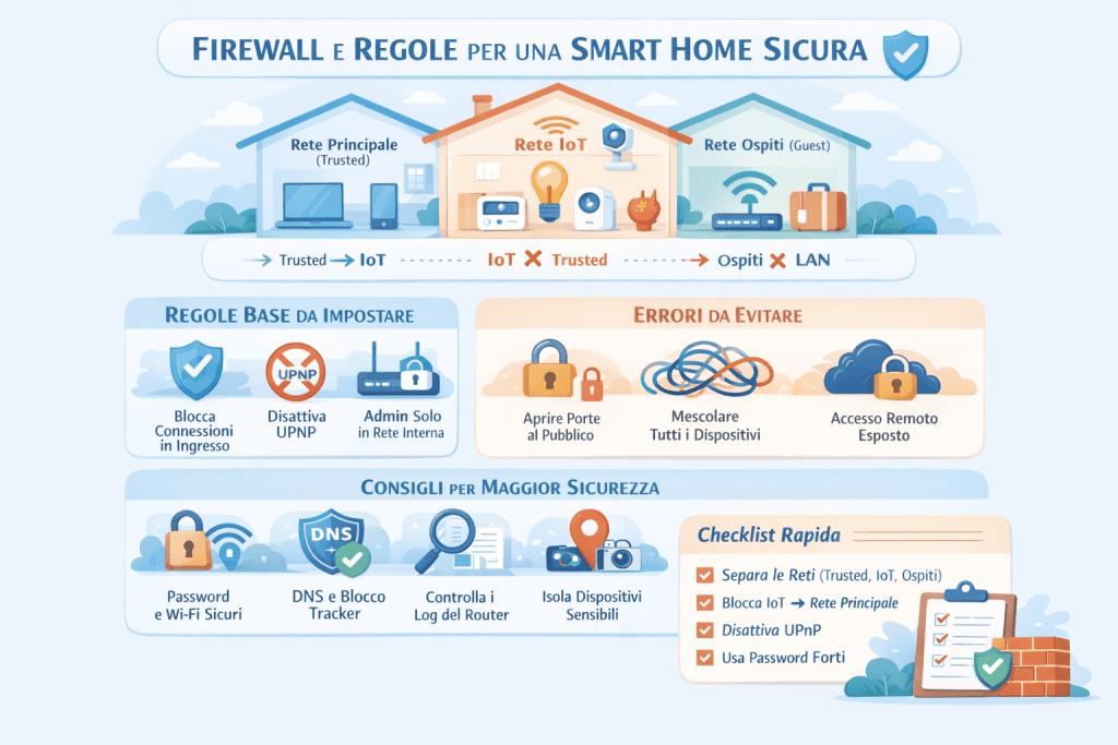 Infografica sulla sicurezza della smart home che mostra firewall e regole del router con reti separate (Trusted, IoT e Ospiti), regole base da impostare, errori da evitare e checklist rapida per proteggere la rete domestica.