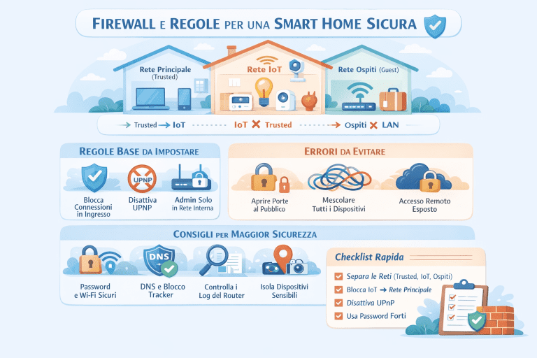 Infografica sulla sicurezza della smart home che mostra firewall e regole del router con reti separate (Trusted, IoT e Ospiti), regole base da impostare, errori da evitare e checklist rapida per proteggere la rete domestica.