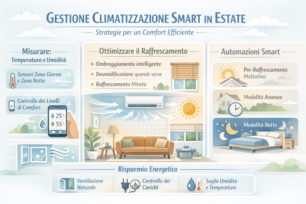 Infografica sulla gestione della climatizzazione smart in estate con sensori di temperatura e umidità, automazioni intelligenti, ombreggiamento, raffrescamento mirato e risparmio energetico in casa.