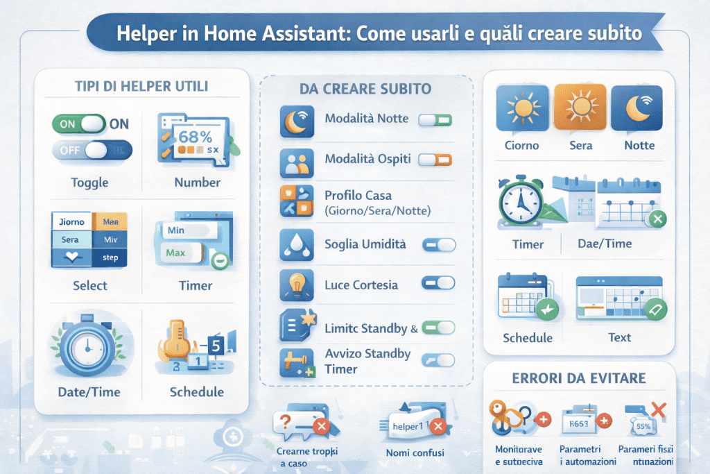Infografica premium sugli helper di Home Assistant che mostra i tipi di helper più utili (toggle, number, select, timer, schedule), quali creare subito come modalità notte e profilo casa, esempi pratici di utilizzo ed errori comuni da evitare per automazioni più ordinate e affidabili.