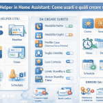 Infografica premium sugli helper di Home Assistant che mostra i tipi di helper più utili (toggle, number, select, timer, schedule), quali creare subito come modalità notte e profilo casa, esempi pratici di utilizzo ed errori comuni da evitare per automazioni più ordinate e affidabili.